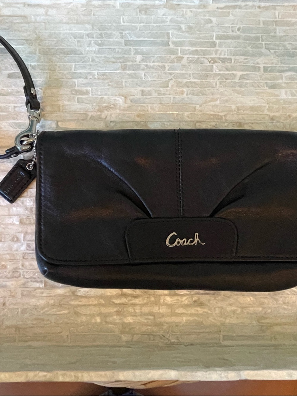 Coach Black Leather Wristlet Clutch with Silver Logo